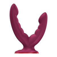 Red silicone lobster-shaped dildo on a white background
