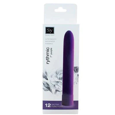 a white box depicting a purple sleek vibrator