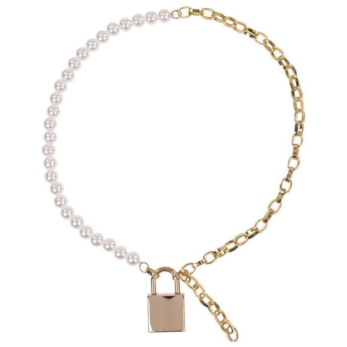 pearl and gold chain collar with gold lock