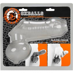 black and orange packaging with the clear masturbator on the front. The clear masturbator has a ball chamber attached to the shaft 