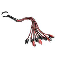 black & red braided flogger with leather toip tails