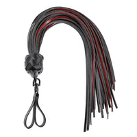 black and red flogger with double finger loop holes on handle