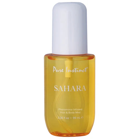 yellow bottle of sahara pheromone hair and body mist with a white lid on a white back ground