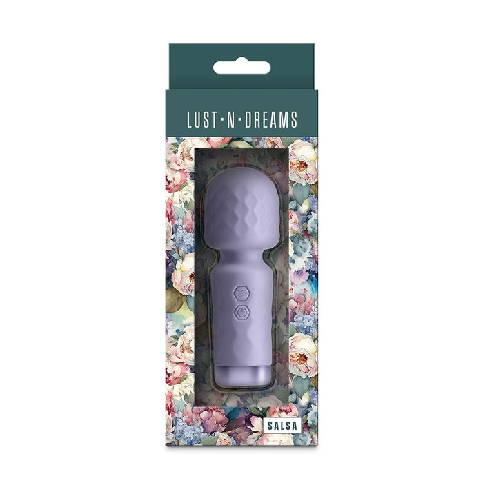 Product packaging for 'Lust N Dreams' salsa vibrator with a floral design on a white background
