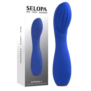 A blue Selopa Spiral G Vibrator with a curvy and flexible design. The product is shown alongside its packaging.