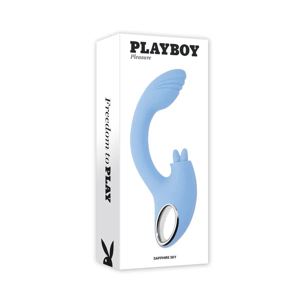 blue curved g spot head with clitoral tickler nubs, on box packaging 