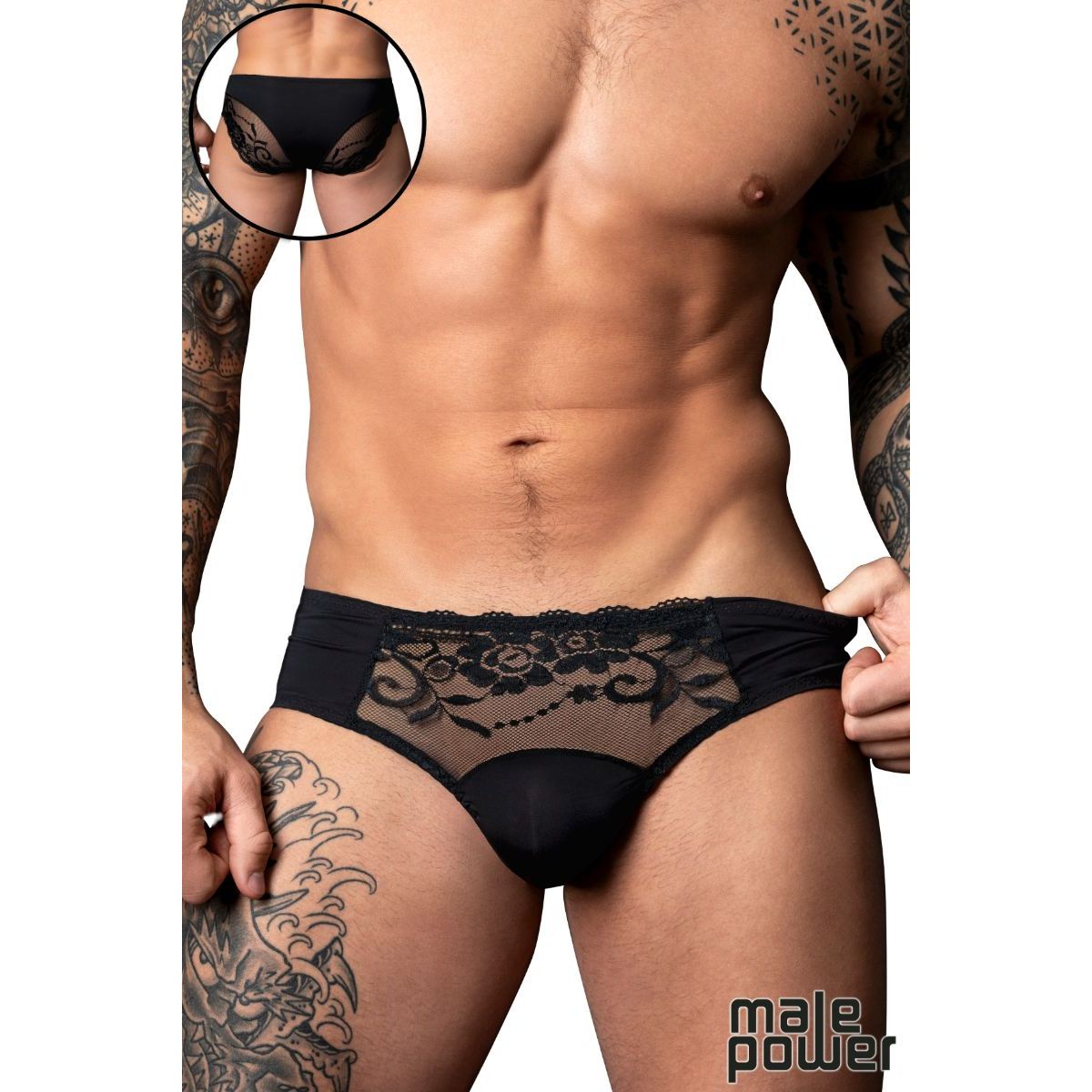 Man wearing black lace underwear with a close-up inset, on a plain background.