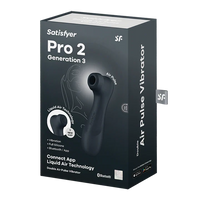 The product is a Satisfyer Pro 2 Generation 3 vibrator, shown in an open box with the device itself being held by a hand. The vibrator is black, with a sleek and modern design, and has a small display and button interface.