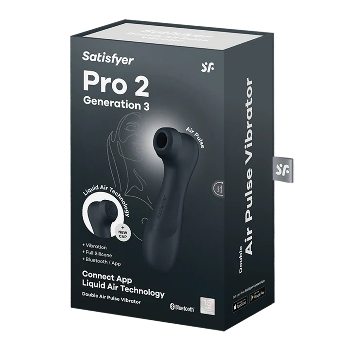 The product is a Satisfyer Pro 2 Generation 3 vibrator, shown in an open box with the device itself being held by a hand. The vibrator is black, with a sleek and modern design, and has a small display and button interface.