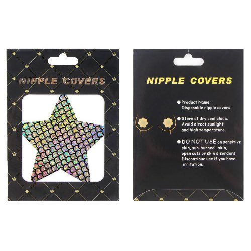 Nipple cover packaging with star design and product details on a black background