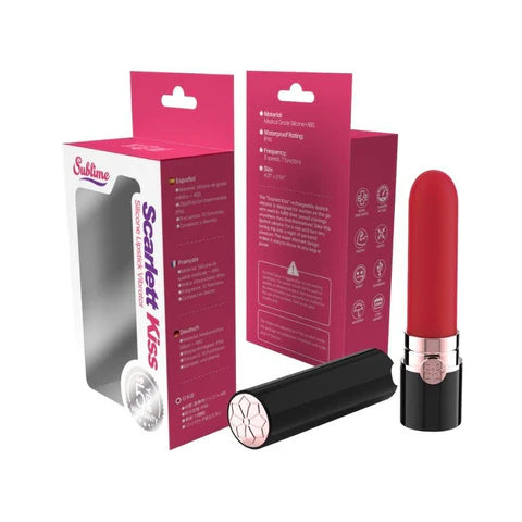 red vibrating lipstick with black base and cover beside pink box