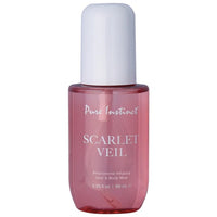 pink bottle of scarlet veil pheromone hair and body mist with a white lid on a white back ground