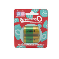 Packaging of Screaming O 4LR44 replacement batteries with two batteries visible, designed for bullet vibes and other small electronic devices.