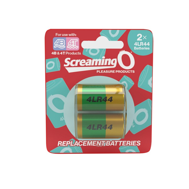 Packaging of Screaming O 4LR44 replacement batteries with two batteries visible, designed for bullet vibes and other small electronic devices.