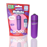 The product image shows a purple vibrating bullet alongside its red and green packaging. The packaging has text highlighting features such as a powerful 4B motor, longer-lasting batteries, and a compact shape.