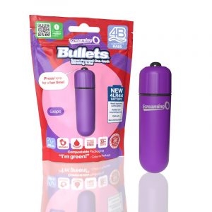 The product image shows a purple vibrating bullet alongside its red and green packaging. The packaging has text highlighting features such as a powerful 4B motor, longer-lasting batteries, and a compact shape.