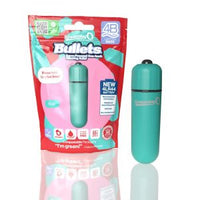 The product image shows a green vibrating bullet alongside its red and green packaging. The packaging has text highlighting features such as a powerful 4B motor, longer-lasting batteries, and a compact shape.
