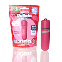 The product image shows a pink vibrating bullet alongside its red and green packaging. The packaging has text highlighting features such as a powerful 4B motor, longer-lasting batteries, and a compact shape.
