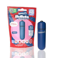The product image shows a blue vibrating bullet alongside its red and green packaging. The packaging has text highlighting features such as a powerful 4B motor, longer-lasting batteries, and a compact shape.