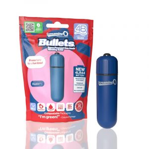 The product image shows a blue vibrating bullet alongside its red and green packaging. The packaging has text highlighting features such as a powerful 4B motor, longer-lasting batteries, and a compact shape.