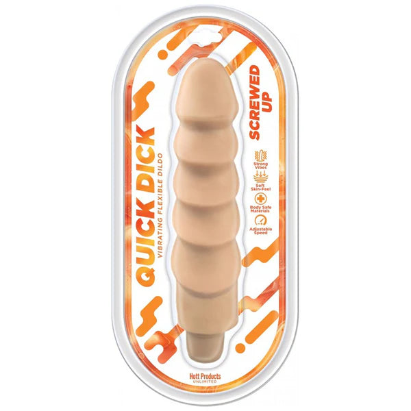 screwed up vibrator in packaging with 'Quick Dick' branding on a white background