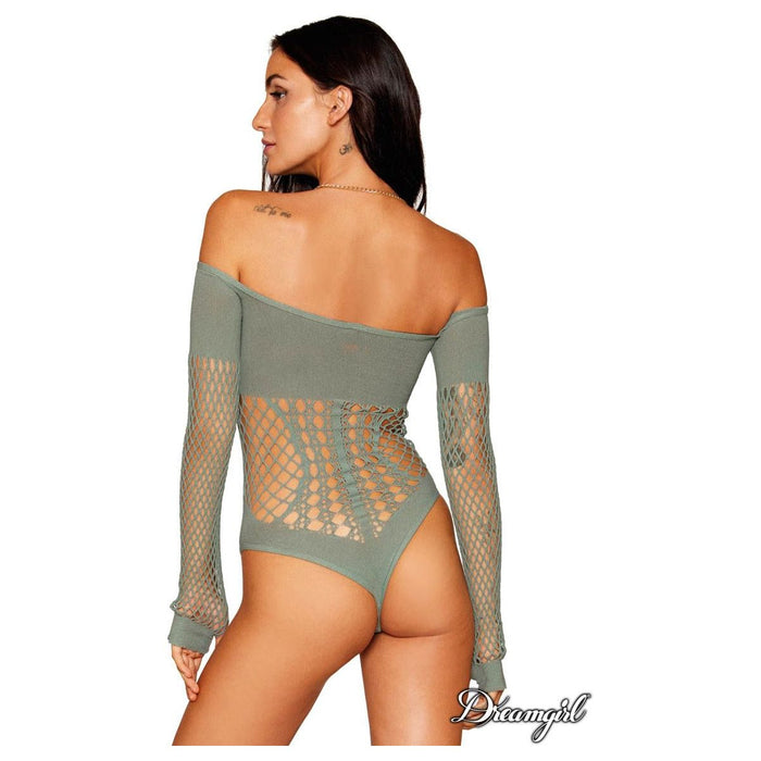 brunette female with sheer fishnet teddy with long sleeves and chain neck piece back view