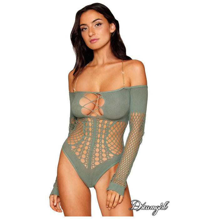 brunette female with sheer fishnet teddy with long sleeves and chain neck piece