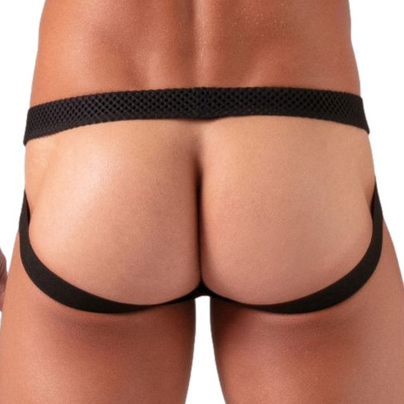 a man wearing an open butt jockbrief
