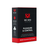 A boxed card deck labeled 'SEI MOI Pleasure & Consent BDSM Scenario Cards'