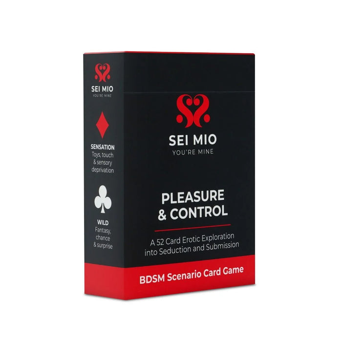 A boxed card deck labeled 'SEI MOI Pleasure & Consent BDSM Scenario Cards'