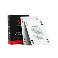 A boxed card deck labeled 'SEI MOI Pleasure & Consent BDSM Scenario Cards' with two playing cards fanned in front on a white background.