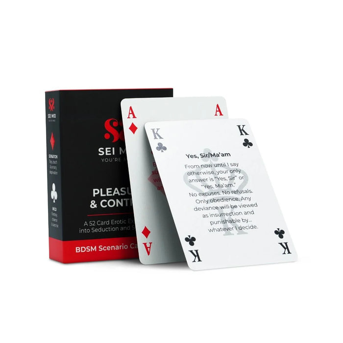 A boxed card deck labeled 'SEI MOI Pleasure & Consent BDSM Scenario Cards' with two playing cards fanned in front on a white background.