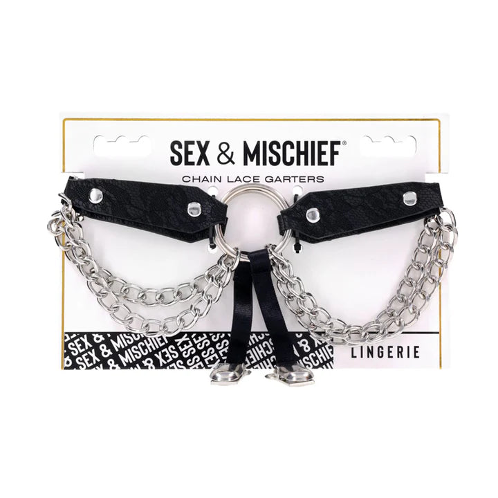 Black chain lace garters with 'Sex & Mischief' branding on a white background