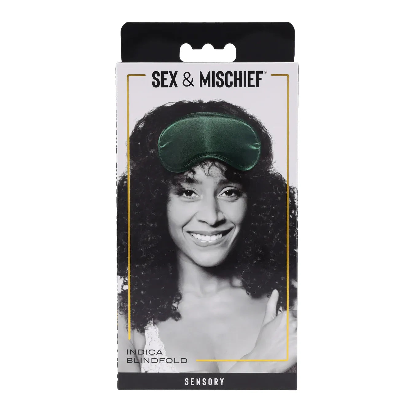 Packaging of a green sleep mask with a woman's face on it, branded 'Sex & Mischief'.