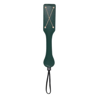 Green leather paddle with a chain x on a white background