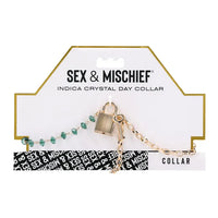 Collar with crystal beads and gold lock on a 'Sex & Mischief' branded card.