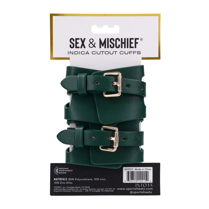 Green leather cuffs with gold buckles on a white background, featuring 'Sex & Mischief' branding.