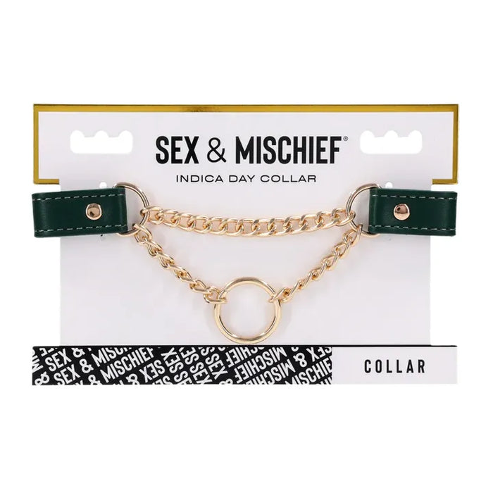 Sex & Mischief collar on packaging with green leather and gold chain