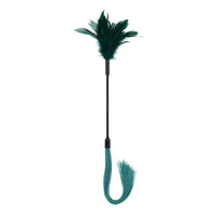 Teal feather tickler on one end, and whip on the other end on a white background
