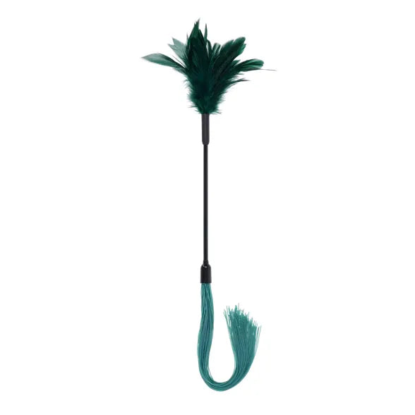 Teal feather tickler on one end, and whip on the other end on a white background