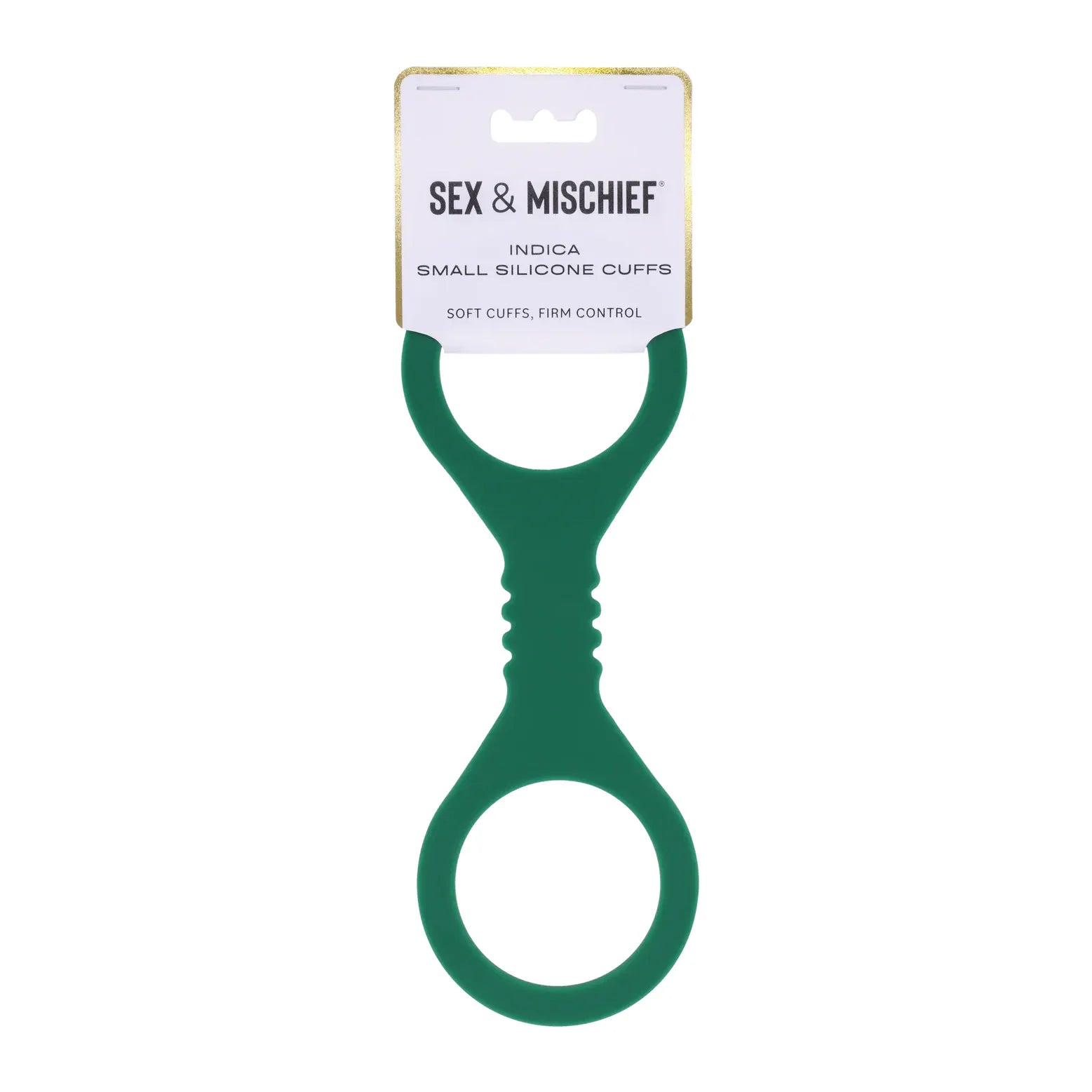 Green silicone cuffs with packaging labeled 'Sex & Mischief' on a white background