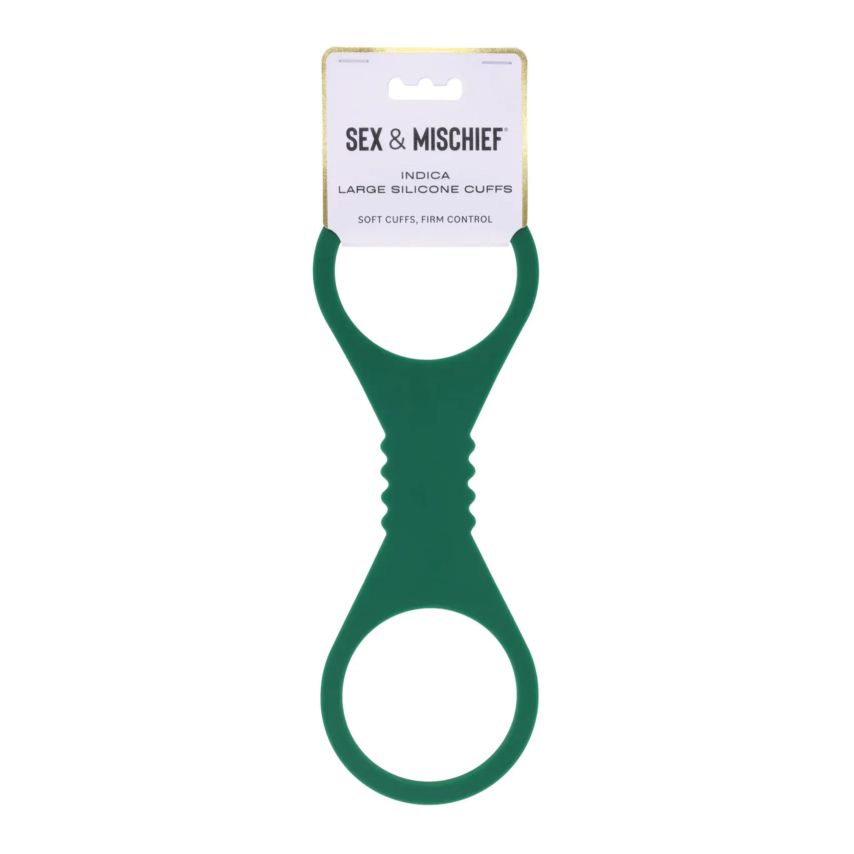 Green silicone large cuffs with 'Sex & Mischief' label on a white background