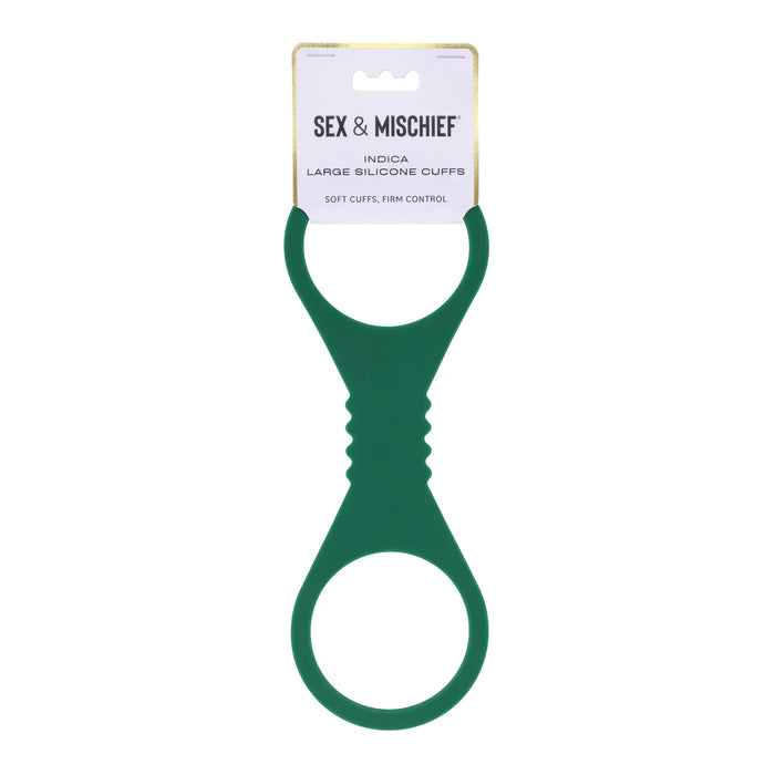 Green silicone large cuffs with 'Sex & Mischief' label on a white background
