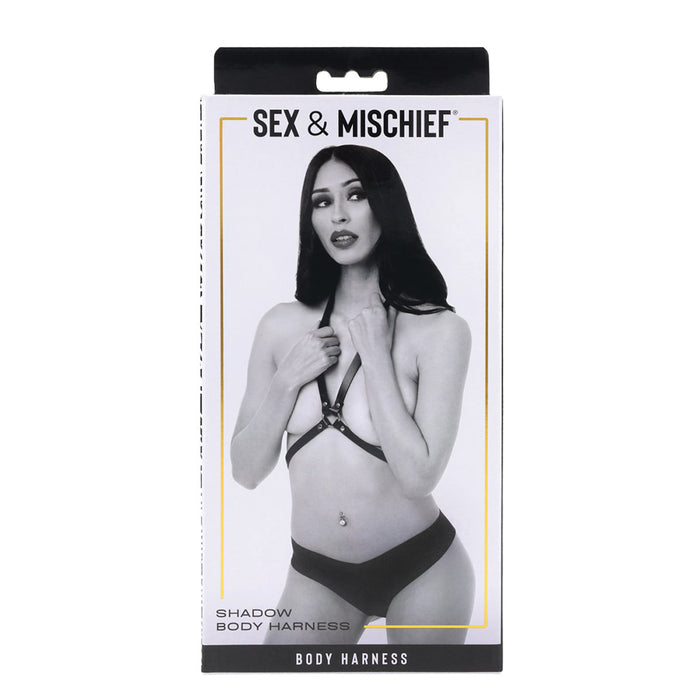 Product packaging for 'Shadow Body Harness' by Sex & Mischief on a white background