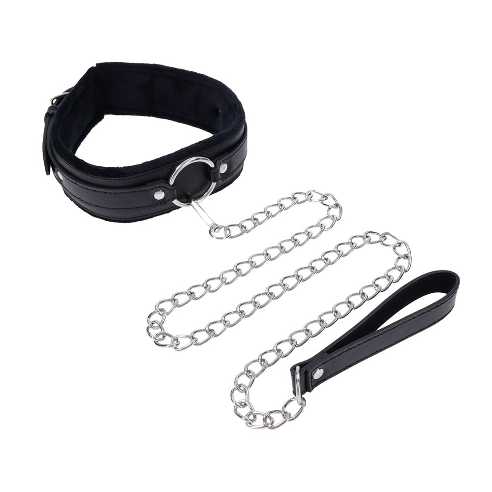 Black leather collar with chain and handle on a white background