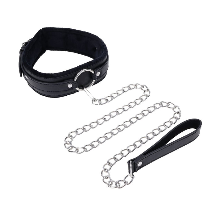 Black leather collar with chain and handle on a white background