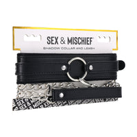 Black leather collar with chain details and 'Sex & Mischief' branding on a white background.