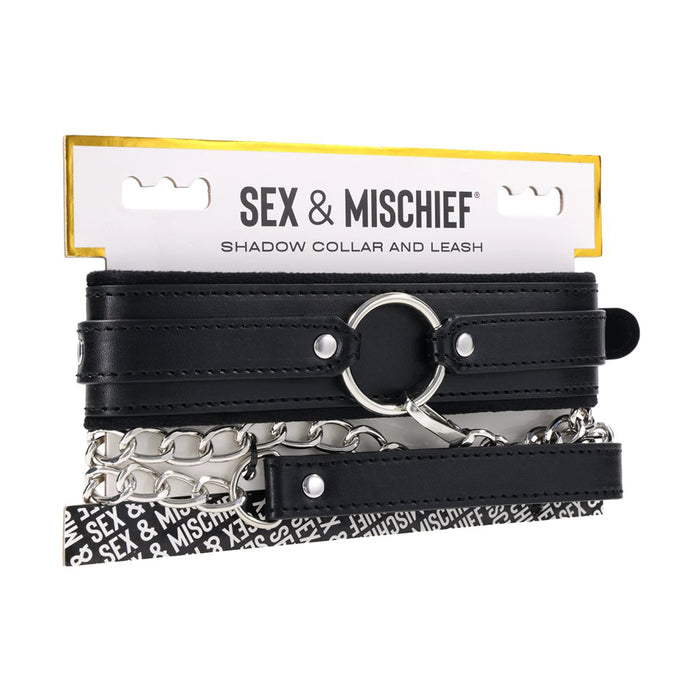 Black leather collar with chain details and 'Sex & Mischief' branding on a white background.