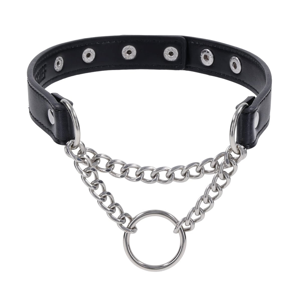 Black leather choker with silver chain and rings on a white background