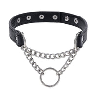 Black leather choker with silver chain and rings on a white background